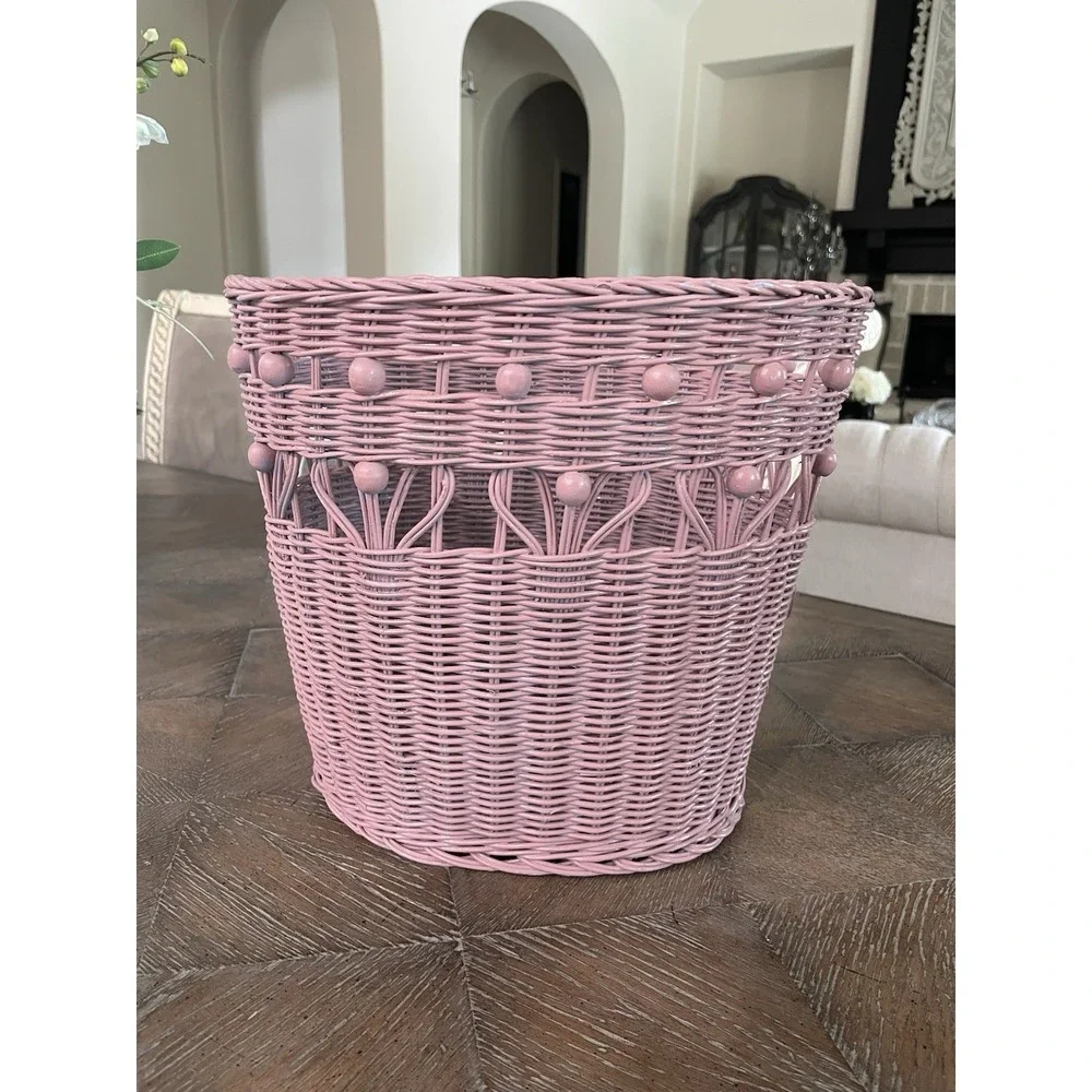 Vintage  Pink Beaded Wicker Rattan Woven Waste Basket Trash Can Bin